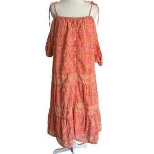Cleobella Women's Small Orange Paisley Off-Shoulder Dress Cotton Summer Boho